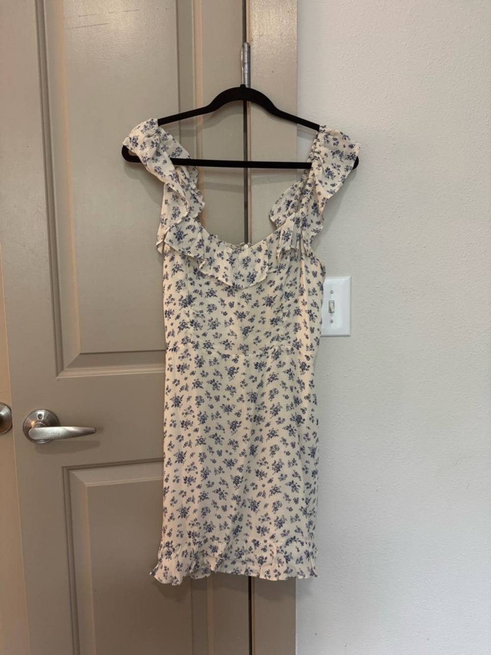 Reformation Floral Ruffle Mini Dress in Cream and Blue - Picture 2 of 5
